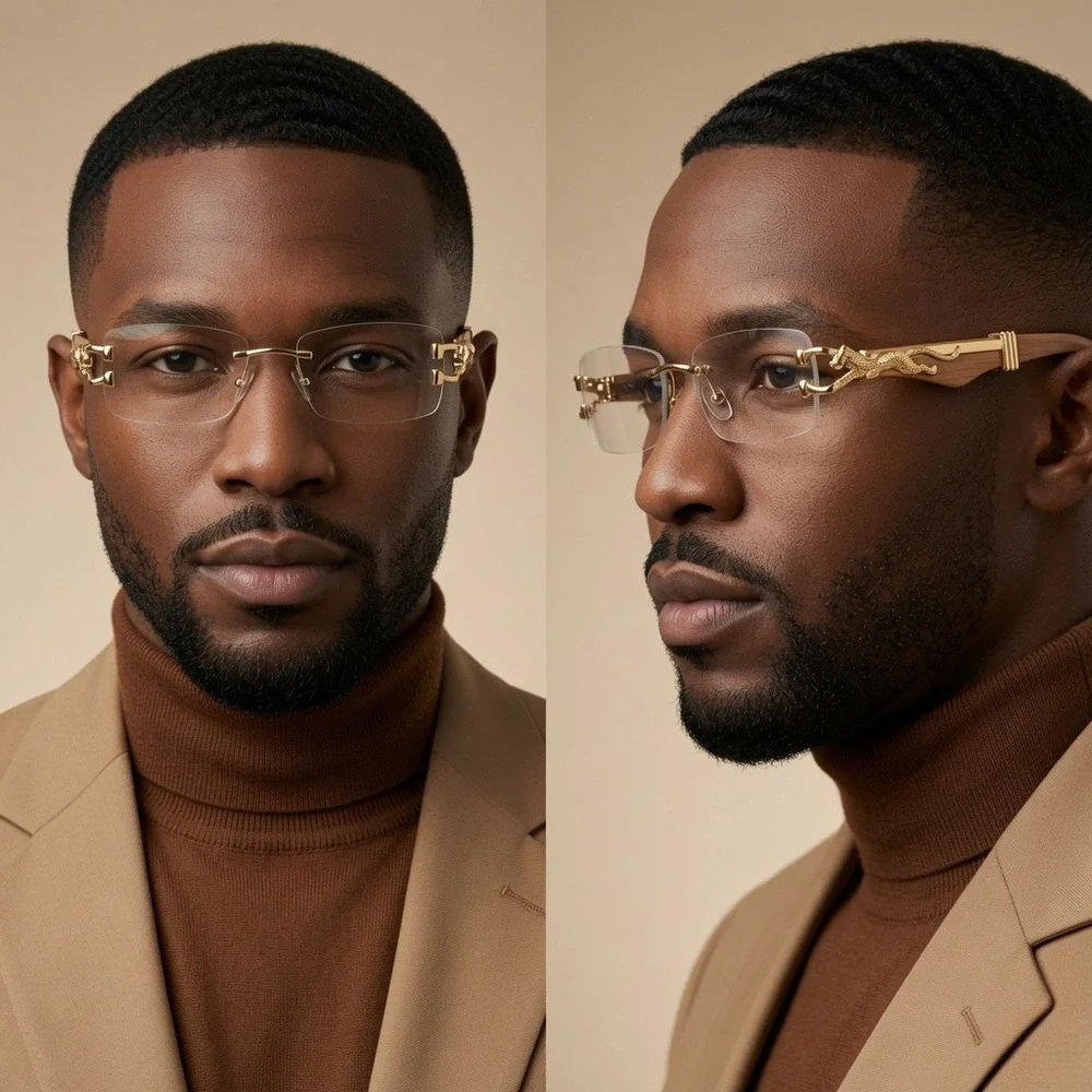 Men Sunglasses Hip Hop Clear Lens Gold Frame Retro Shades Metal‎ Small Rimless